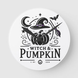 Reloj Redondo Mediano Halloween Gorra de brujas y diseño de calabaza art