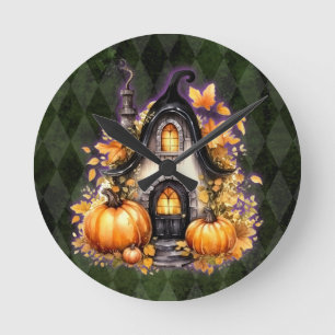 Reloj Redondo Mediano Halloween Gothic Fall Hada Cottage Green Argyle