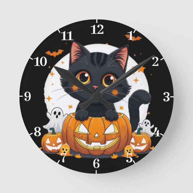 Reloj Redondo Mediano Halloween Wall Clock with cute cat (Anverso)