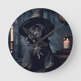 Reloj Redondo Mediano Halloween Wizard Black Pug Round Clock
