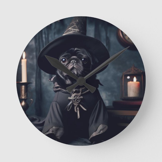 Reloj Redondo Mediano Halloween Wizard Black Pug Round Clock (Anverso)