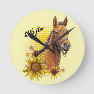 Reloj Redondo Mediano Hand drawing horse with sunflowers throw pillow