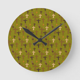 Reloj Redondo Mediano Hand drawn Christian Crosses on Green