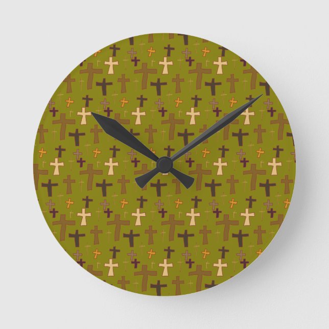 Reloj Redondo Mediano Hand drawn Christian Crosses on Green (Anverso)