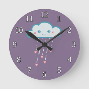 Reloj Redondo Mediano Happy Blue Rain Cloud Raining Pink Hearts