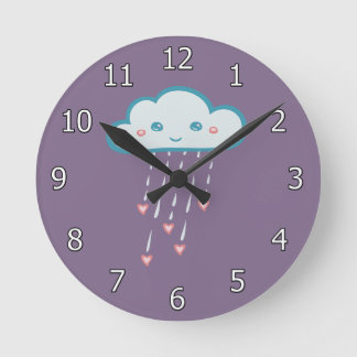 Reloj Redondo Mediano Happy Blue Rain Cloud Raining Pink Hearts
