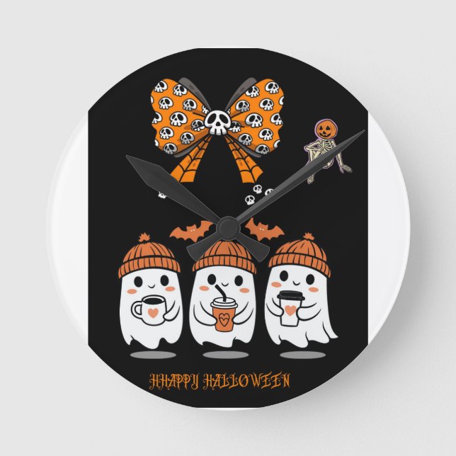 Reloj Redondo Mediano Happy Halloween – fantômes café mignons (Anverso)