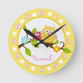 Reloj Redondo Mediano Happy Tree Owls Yellow and Pink Nursery clock