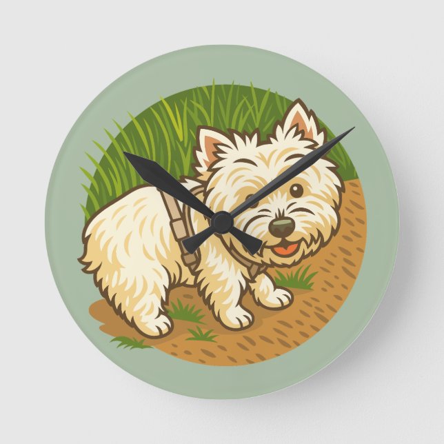 Reloj Redondo Mediano Happy Westie on Nature Trail (Anverso)