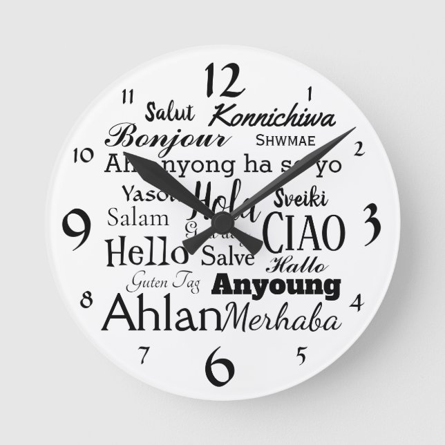 Reloj Redondo Mediano Hello in Different Languages Word Art Wall Clock (Anverso)