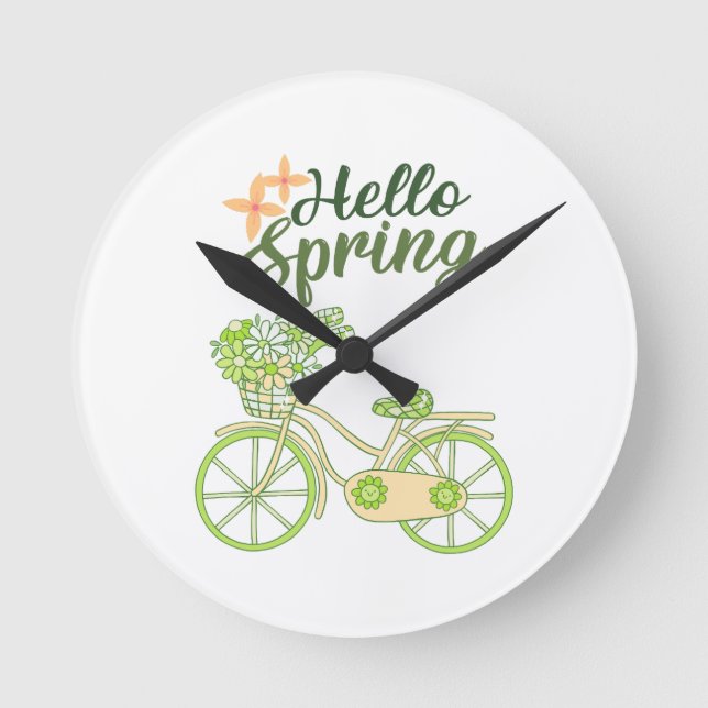Reloj Redondo Mediano Hello Spring Vintage Bicycle Illustration  (Anverso)