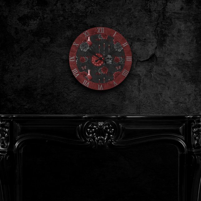 Reloj Redondo Mediano Henna Zodiac Magic | Red Gothic Skull Rosas Potion (Subido por el creador)