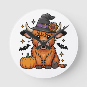 Reloj Redondo Mediano Hermandad de vaca de Highland con calabaza Hallowe