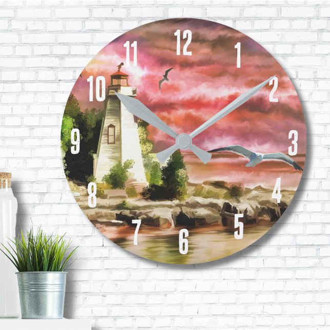 Reloj Redondo Mediano Hermosa costa de faro náutico con atardecer rosa (Beautiful Pink Sunset Nautical Lighthouse Coastal Round Clock)