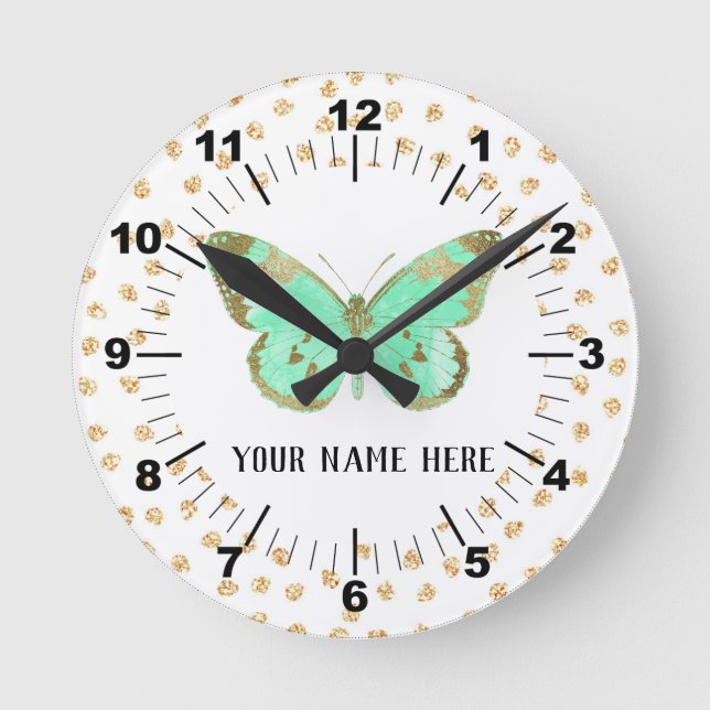 Reloj Redondo Mediano Hermosa mariposa acuática y dorada (Anverso)