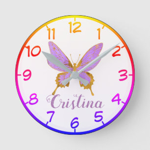 Reloj Redondo Mediano Hermosa mariposa morada y dorada
