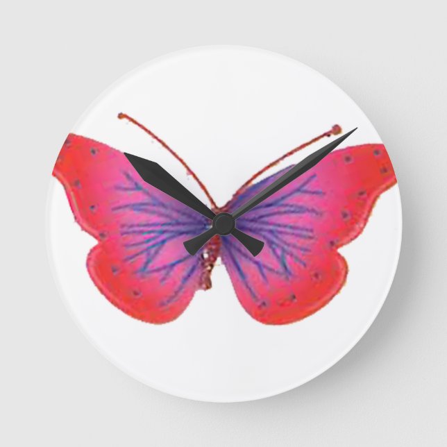 Reloj Redondo Mediano Hermosa mariposa rosa y morado (Anverso)