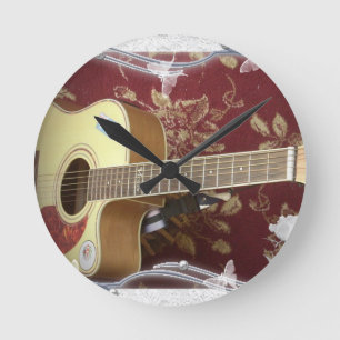 Reloj Redondo Mediano Hermosa y encantadora guitarra vintage con un moti