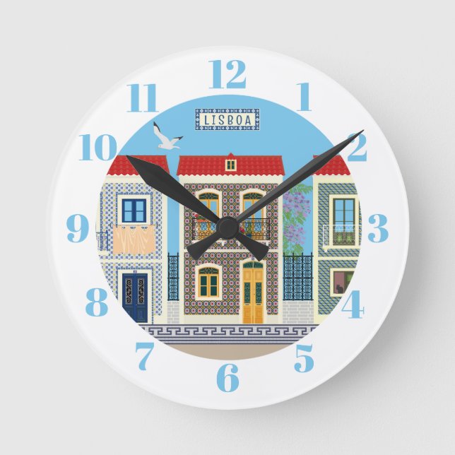 Reloj Redondo Mediano Hermosas casas portuguesas con azulejos o azulejos (Anverso)