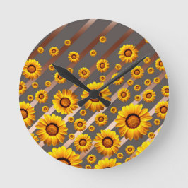 Reloj Redondo Mediano Hermosas flores amarillas en rayas grises y marron