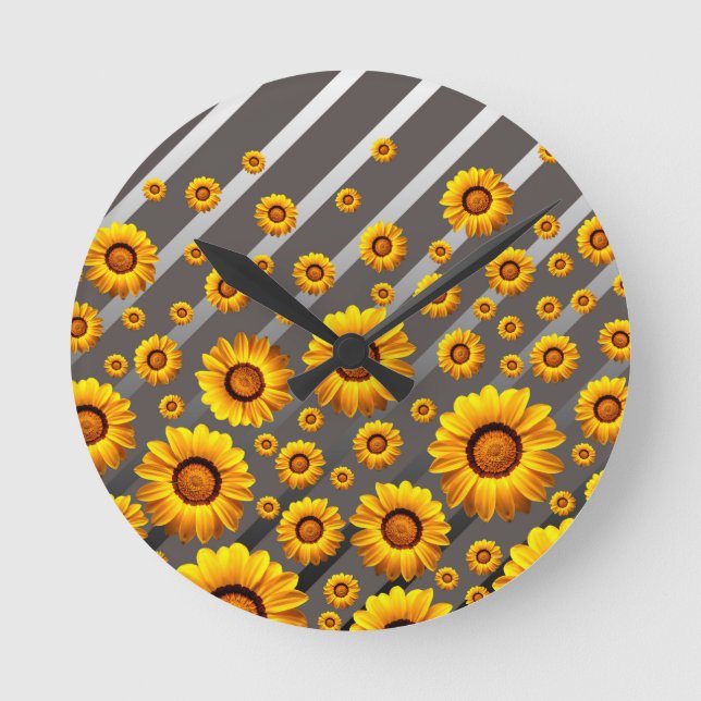 Reloj Redondo Mediano Hermosas flores amarillas sobre rayas grises y pla (Anverso)