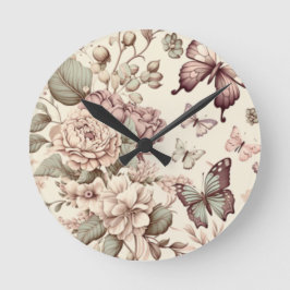 Reloj Redondo Mediano Hermosas flores y mariposas en tonos pastel