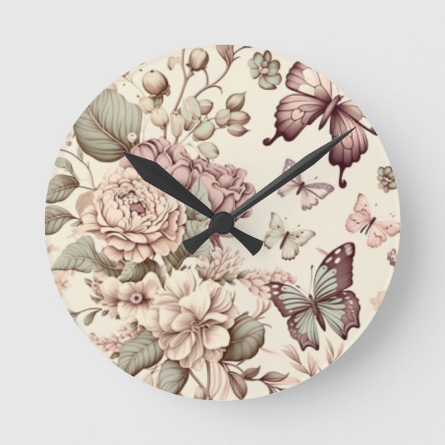 Reloj Redondo Mediano Hermosas flores y mariposas en tonos pastel (Anverso)