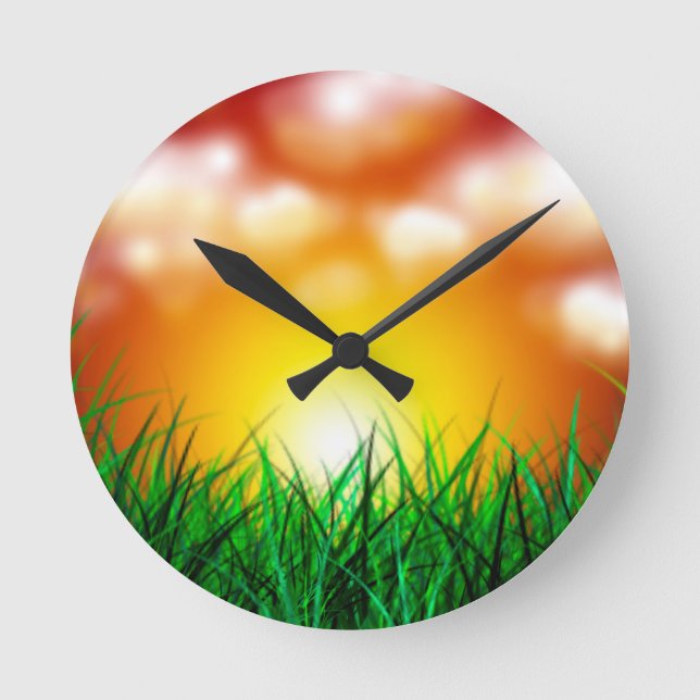 Reloj Redondo Mediano Hermoso amanecer sobre un campo de hierba (Anverso)