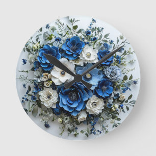 Reloj Redondo Mediano Hermoso arreglo floral azul y blanco