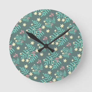 Reloj Redondo Mediano Hermoso patrón azul de hojas y bayas botánicas