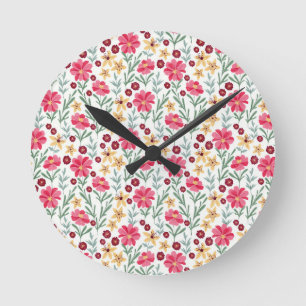 Reloj Redondo Mediano Hermoso patrón floral vintage rosa y amarillo