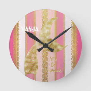Reloj Redondo Mediano Hermoso patrón rosa elegante y sirena dorada