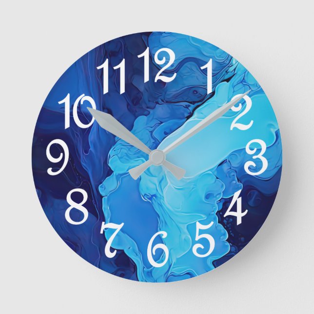 Reloj Redondo Mediano Hermoso Resumen Arte Fluido Artístico Azul Moderno (Anverso)