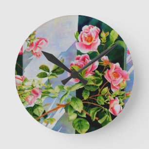 Reloj Redondo Mediano Hermoso rosa, rosas rojas, acuarela floral