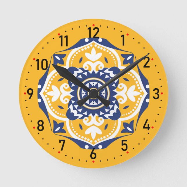 Reloj Redondo Mediano 💛 💙 🤍 Hermosos Azulejos azules y amarillos (Anverso)