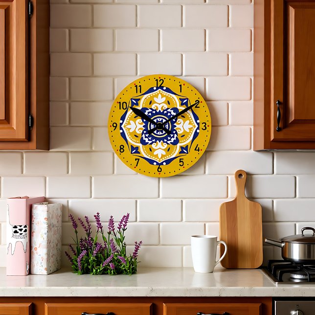 Reloj Redondo Mediano 💛 💙 🤍 Hermosos Azulejos azules y amarillos (💛💙🤍 Beautiful blue and yellow Azulejos Round Clock)