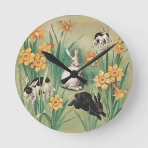 Reloj Redondo Mediano Hermosos conejitos con flores de Daffodil Semana S