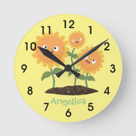 Reloj Redondo Mediano Hermosos girasoles alegres sonrientes ilustracion 