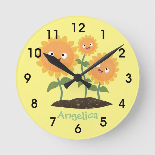 Reloj Redondo Mediano Hermosos girasoles alegres sonrientes ilustracion  (Anverso)