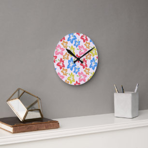 Reloj Redondo Mediano Hibisco Colorido, Patrón De Flores