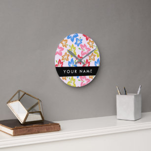 Reloj Redondo Mediano Hibisco Colorido, Patrón De Flores, Tu Nombre