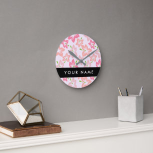 Reloj Redondo Mediano Hibisco Rosa, Flores Rosadas, Tu Nombre