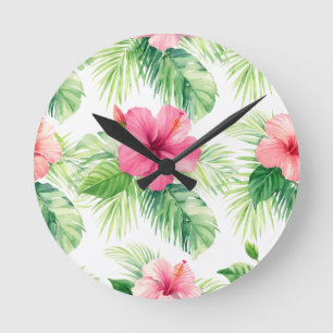 Reloj Redondo Mediano Hibisco Rosa Palma Tropical Aquarela
