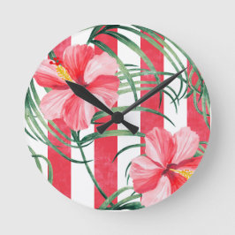 Reloj Redondo Mediano Hibisco Tropical Franjas Rojas