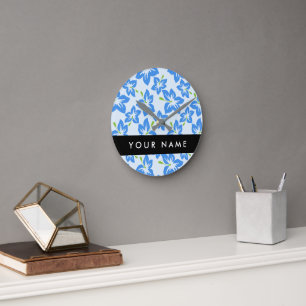 Reloj Redondo Mediano Hibiscus azul, Flores azules, tu nombre