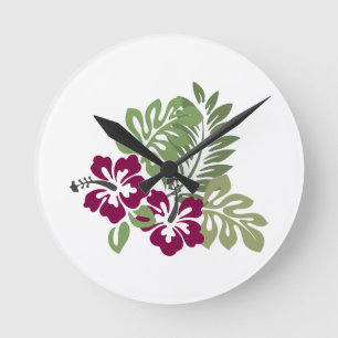 Reloj Redondo Mediano Hibiscus Burgundy Foliage Decoración Floral Golf B