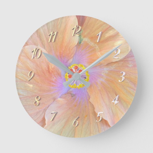 Reloj Redondo Mediano Hibiscus flor tropical rosa y dorado verano lindo (Anverso)