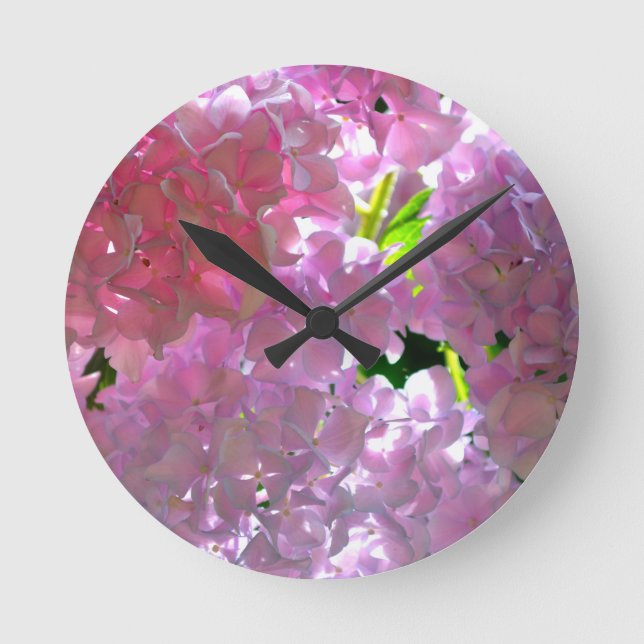 Reloj Redondo Mediano Hidrangeas rosas radiantes, flores rosadas (Anverso)
