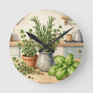 Reloj Redondo Mediano Hierbas frescas de cocina acuarela