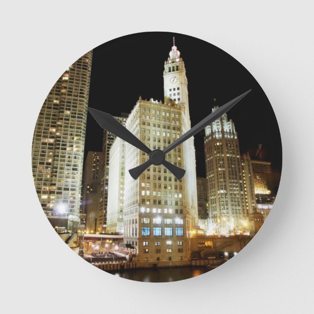 Reloj Redondo Mediano Histórico monumento de Chicago de noche (Anverso)